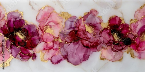 alcohol ink with a gold leaf edge on metal, a delicate floral pattern of pink and burgundy peonies on a marble background