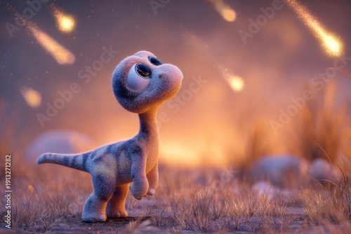 a cute little dinosaur with big eyes, standing on the ground looking up at meteors in the sky, with a fluffy texture, with warm orange tones.