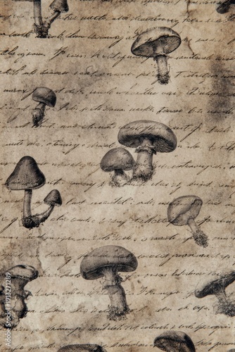 a pattern of vintage mushrooms on handwritten script paper, faded and aged.