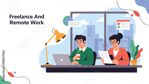 Two professionals work together at a desk with a laptop and documents in an illustration promoting freelance and remote work.