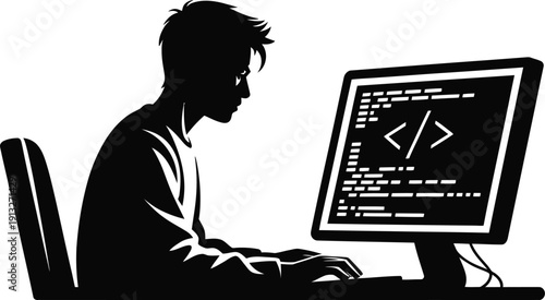 Silhouette of a person typing code on a computer screen
