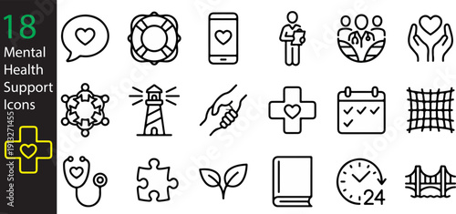 Mental Health Support Line Icons - Therapy and Healing Resources Set