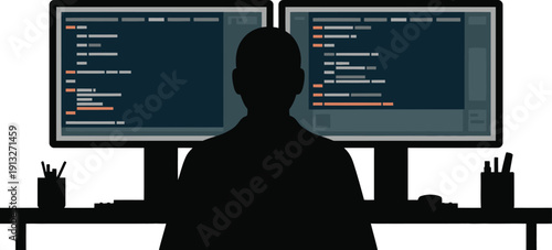 Silhouette Of A Programmer Working On Dual Monitors