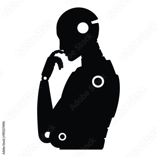 Silhouette of a thinking robot with glowing accents