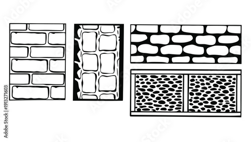 CAD Texture Drawings, stone wall  top and side view patterns, Stone, Gravel, and Pebble Section Pattern Outline Vector for Architectural Material Design
