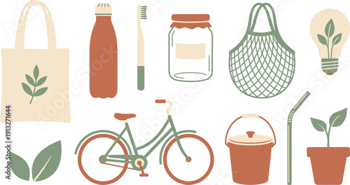 Sustainable home and daily habit elements with 10 sage green terracotta cream canvas tote bag leaf reusable water bottle bamboo toothbrush glass jar mesh produce LED bulb bicycle compost straw pot