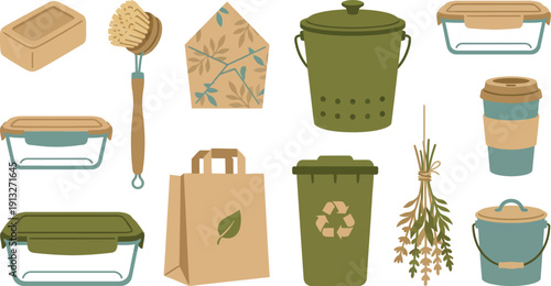 Zero waste kitchen and household icons with 10 olive green muted teal natural tan solid soap bar wooden dish brush beeswax wrap compost bin glass container travel coffee mug paper bag recycling herbs