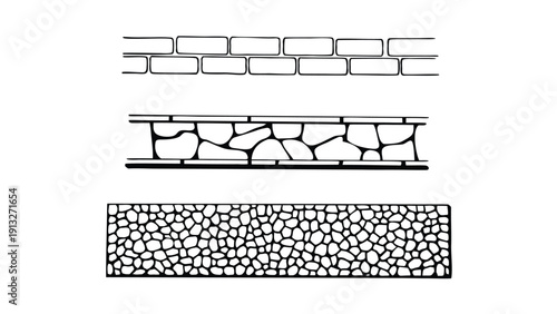 CAD Texture Drawings, stone wall  top and side view patterns, Stone, Gravel, and Pebble Section Pattern Outline Vector for Architectural Material Design
