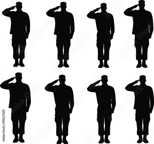 Military silhouettes of soldiers saluting in uniform, disciplined formation, patriotic respect, armed forces tribute, vector illustration symbolizing honor, unity, service, and duty.