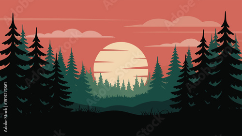 Silhouette of pine trees against a sunset sky forest
