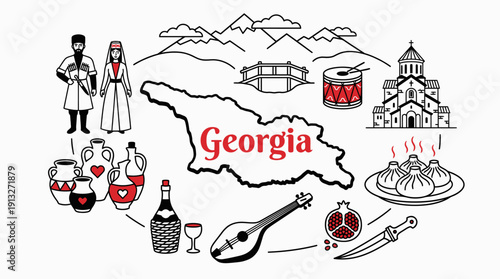 Georgia Country Icons Vector – Stylized Cultural Symbols Including Map, Traditional Dress, Architecture, Food, and Music for Heritage, Travel, and Graphic Design Projects