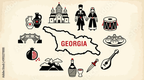 Georgia Country Icons Vector – Stylized Cultural Symbols Including Map, Traditional Dress, Architecture, Food, and Music for Heritage, Travel, and Graphic Design Projects