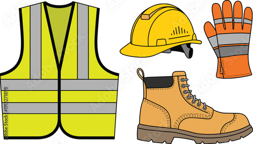 Personal protective equipment vector illustration with safety vest, hard hat, gloves, and work boots, construction gear design for worker protection stock artwork