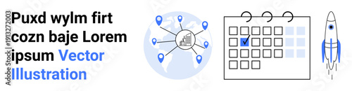 Business strategy, project management, scheduling, global connections, planning tools, team collaboration. Visual includes a world map with network points, calendar rocket symbol. Business strategy