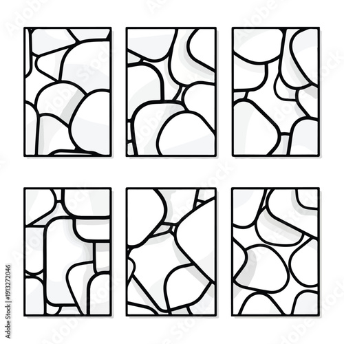 Six abstract panels featuring geometric patterns and shapes in black and white