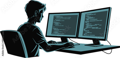 Young man coding on dual computer screens programmer