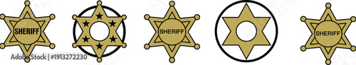 Sheriff badge icons set with western star shapes and law enforcement symbols, vintage gold sheriff emblems flat vector illustration for police and justice concepts