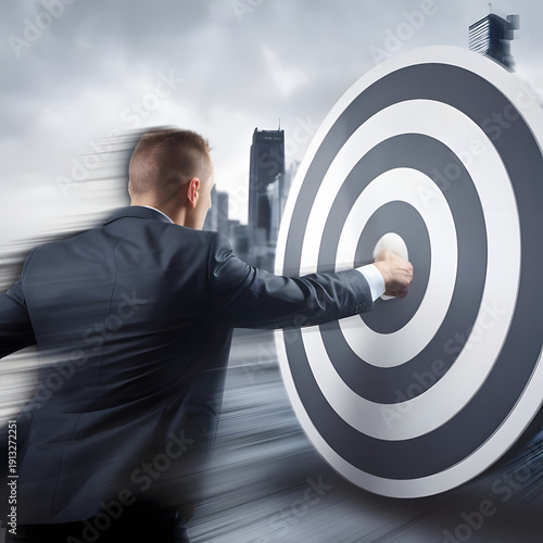 Businessman launching startup rocket icon toward target, representing business growth, innovation, future strategy, goal achievement, and success in digital transformation.
