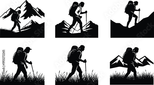 Set of six black vector silhouettes showing hikers with backpacks and trekking poles walking in mountains and nature isolated on white background