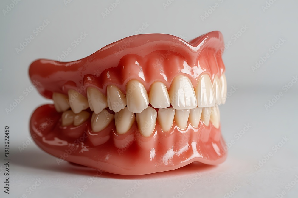 Obraz premium A set of false teeth with pointed fangs on a plain background