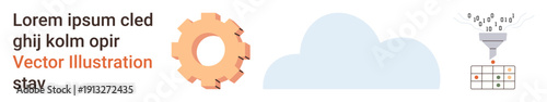 Data processing, cloud computing, technology workflows, automation, data analysis, storage solutions. A gear, cloud and funnel filtering into a data table. Data processing and cloud computing