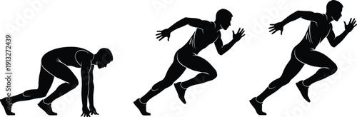 Silhouette illustration of male runner starting blocks accelerating and sprinting in three dynamic poses isolated on white background for sports design vector