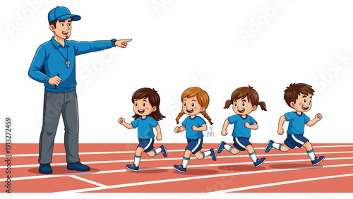 Children racing on track with coach guidance sports training competition