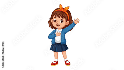 Cute schoolgirl waving in blue uniform with orange bow cheerful back to school
