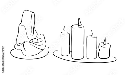 Set of burning candles, continious line art. Cozy atmosphere and mystical ritual sketch. Vector illustration