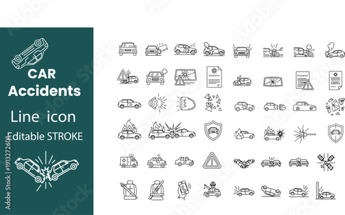 Car accidents line icon set editable stroke road incidents vehicle damage collision symbols crash warning signs auto insurance claim icons transport emergency