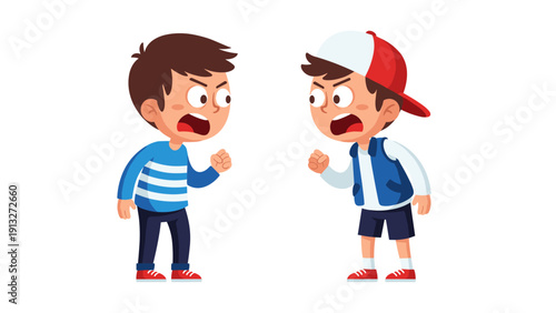 Two boys arguing cartoon emotion conflict childhood rivalry vector illustration