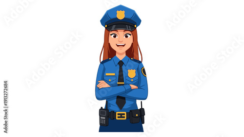 Female police officer cartoon character smiling confident arms crossed law enforcement hero