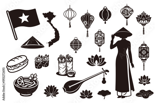 ベトナムモチーフのシルエットアイコンセット（旗・地図・ランタン・料理）ブラック