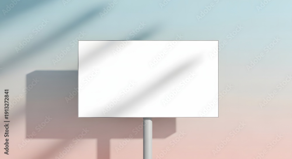 Fototapeta premium Blank white sign on a pole with soft shadows and a gradient background, perfect for copyspace