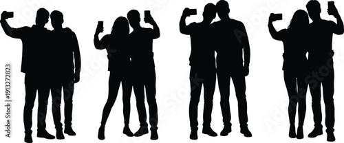 Silhouette vector illustration of couples and friends taking selfies with smartphones, social behavior concept showing posing together for photography and lifestyle