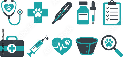 Veterinary pet health symbols with 10 clean teal white charcoal stethoscope heart paw medical cross thermometer medicine bottle dropper clipboard checklist vet bag syringe pulse line cone collar 