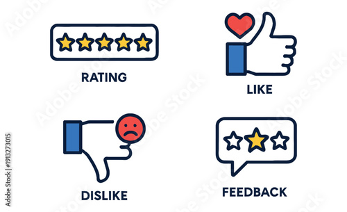 Visual icons representing user interaction options such as rating, like, dislike, and feedback