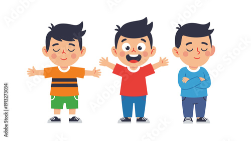 Three cartoon boys expressing happy sad calm emotions isolated on white background