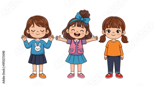 Three happy diverse girls holding hands smiling cartoon illustration kids friendship