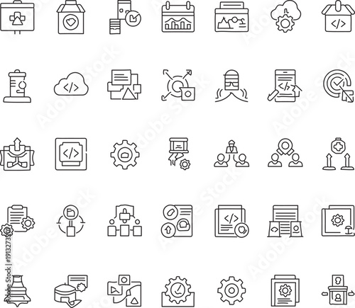 Cloud computing and web hosting linear symbol collection.