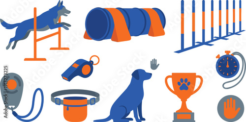 Pet training agility icons with 10 royal blue safety orange slate grey dog jumping hurdle agility tunnel weave poles handheld clicker training whistle treat pouch belt sitting stay trophy cup paw
