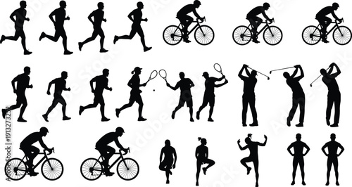 Silhouette vector illustration of people in sports and fitness activities including running, cycling, tennis, golf, yoga, dancing, and walking poses