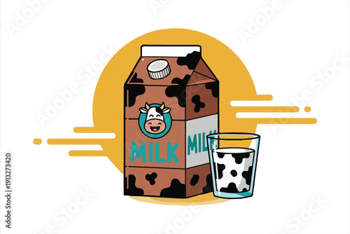 Cow print milk carton and glass of milk with cheerful cow face and yellow background