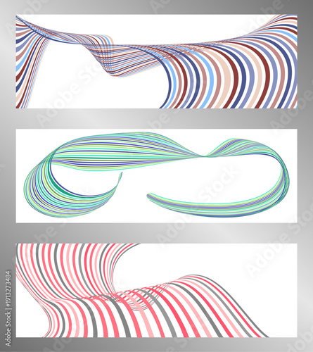 Wavy lines or ribbons. Set of 3 backgrounds. Multicolored striped gradient. Creative unusual background with abstract gradient wave lines to create a trendy banner, poster. vector 