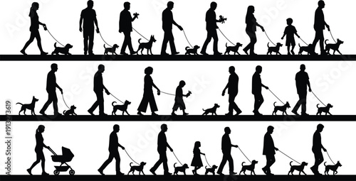 Silhouette vector illustration of people walking dogs on leashes, daily activity, companionship, outdoor lifestyle, pet care, family diversity collection