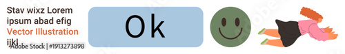 Communication, positivity, approval, abstract messages, emotions, user interface. An OK button, a happy face and a dynamic character in motion. Communication and positivity concept