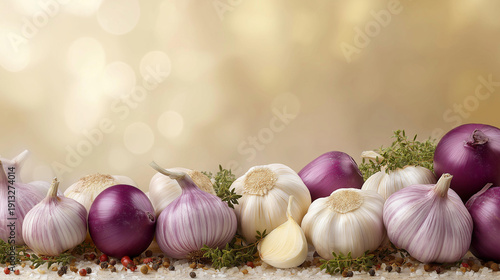 Delicious garlic and onion food combination photorealistic horizontal background, all-purpose seasoning, AI generated backdrop, aromatic garlic and onion food combination,