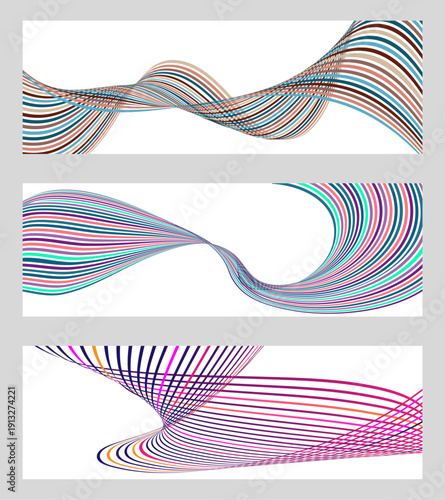 Wavy lines or ribbons. Set of 3 backgrounds. Multicolored striped gradient. Creative unusual background with abstract gradient wave lines to create a trendy banner, poster. vector eps