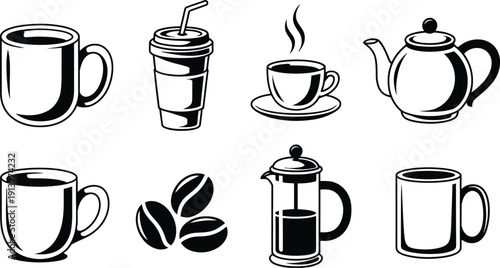 Black and white coffee cups and coffee maker illustrations