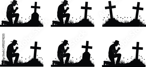 Silhouette vector illustration of person kneeling at grave with cross, praying posture, mourning remembrance concept, grief tribute memorial design collection